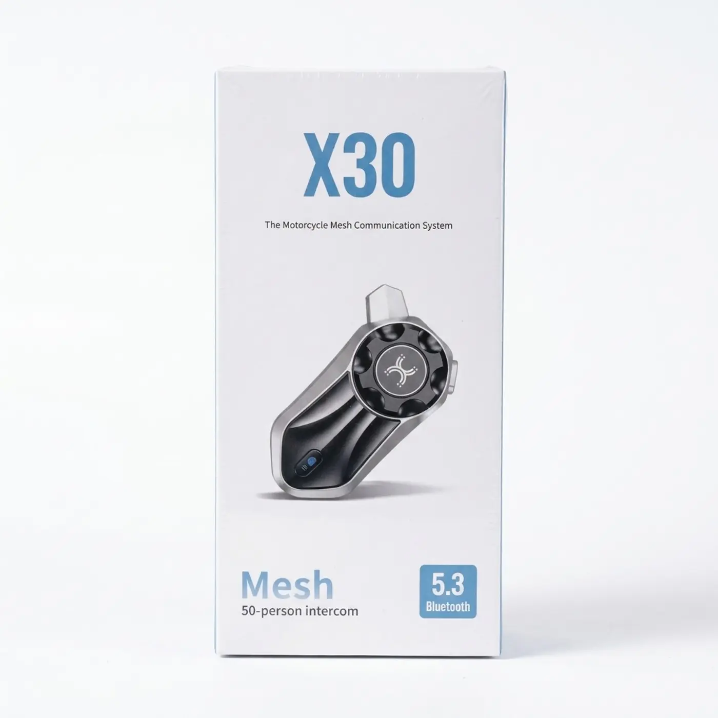 Caja sellada del intercomunicador X30 Mesh, de frente: Mesh para 50 personas y Bluetooth 5.3