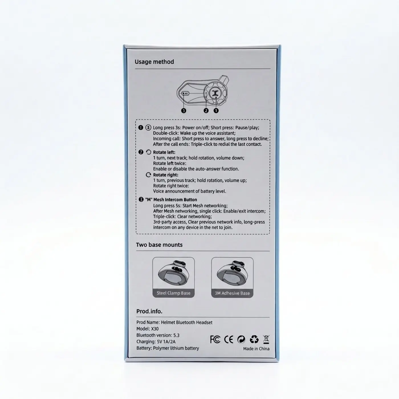 Reverso de la caja del X30 con las instrucciones de los tres controles y las dos bases