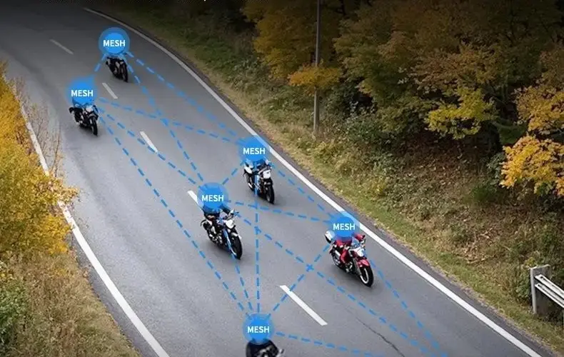 Seis motos en carretera unidas por líneas que representan la red Mesh del intercomunicador